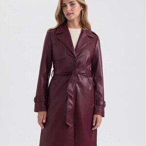 Ellen Tracy Women Single Breasted Faux Leather Trench Coat Size Small Wine Color